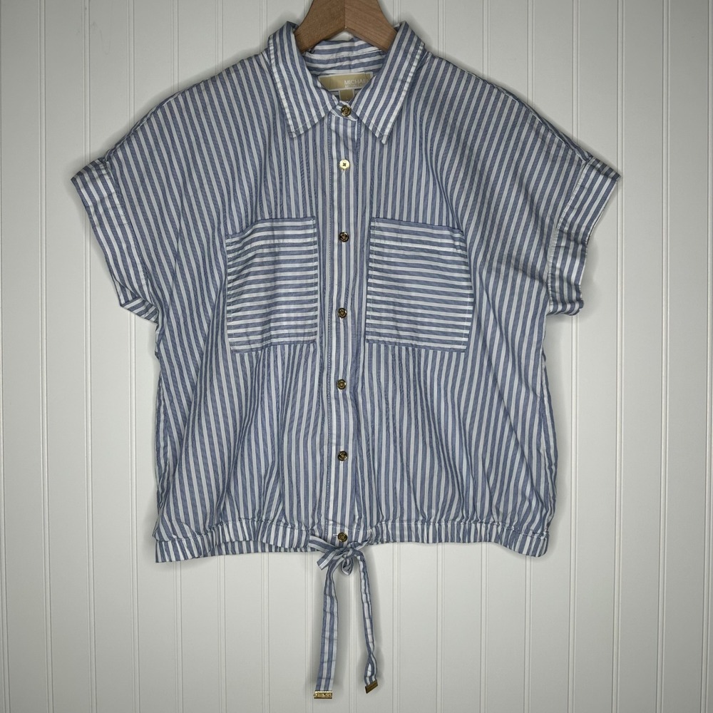 Michael Kors Womens Shirt L Blue White Stripe Button Down Drawstring Hem